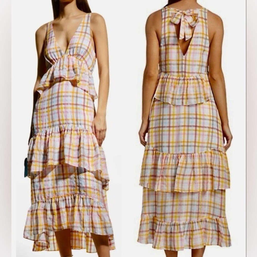 Cinq à Sept Astor Plaid Print multicolor Tiered Ruffled v-back Midi Dress sz.12